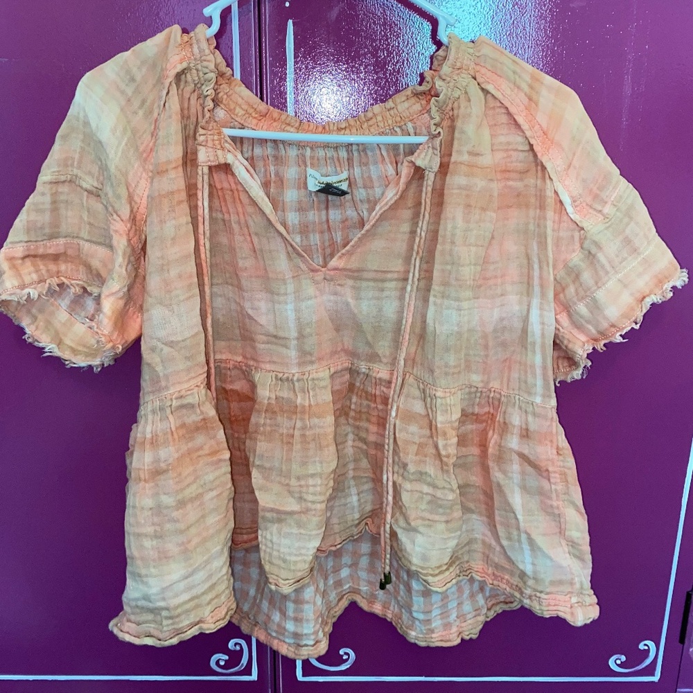 Peach and Coral Gingham Pattern Top